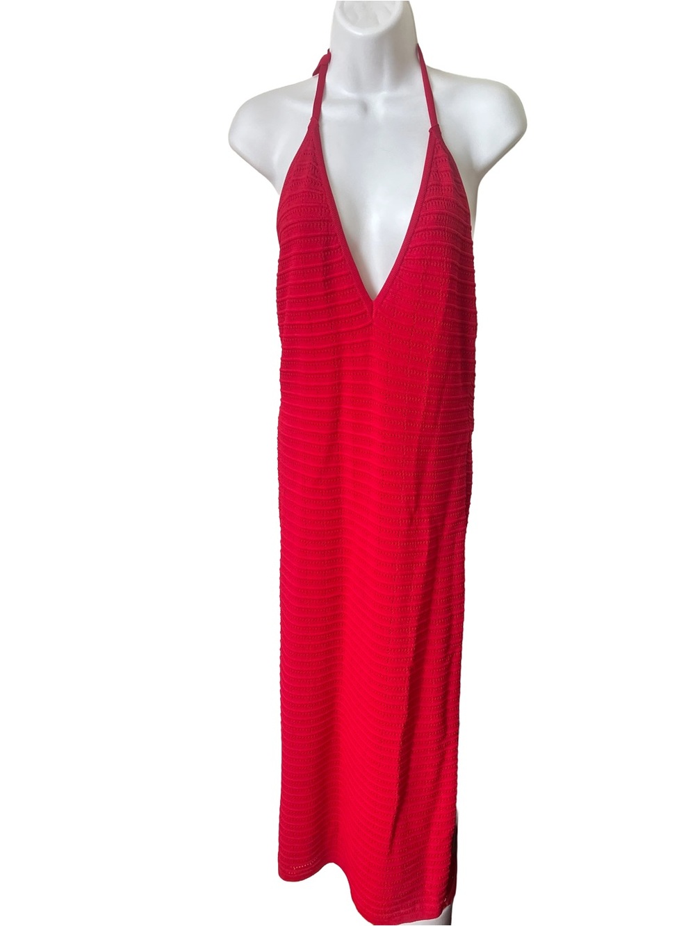 Windsor Red Textured Halter Maxi Dress, V-Neck, Sz L, NWT